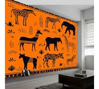 Papel Pintado Murales Paisajes Africanos Elefantes Jirafas Fotomurales Tejido No Tejido, Murales Fotográfico Moderno Decoración de Paredes para sala, Color Naranja, 450 x 280 cm