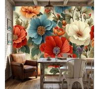 Papel Pintado Naranja quemado - Papel Pintado Panorámico 300x210cm, Estampado floral retro Hojas de amapola Mural Decoración Del Hogar Para Sala dormitorio comedor oficina