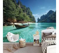 Papel Pintado Naturaleza Cañones Lagos Pequeñas Embarcaciones 150 x 105 cm, Azul Tejido No Tejido con Efecto 3D, Ideal para Pasillo Oficina o Regalo de Inauguración Mural de Pared