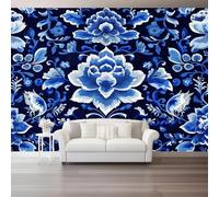 Papel Pintado Neoclasicismo Peonía Hierba Rizadaazul Marino Blanco 3D Panorámico No Tejido - Fotomurales Decorativos Para Salón, Dormitorio Y Oficina - Diseño Moderno Pared Del Hogar