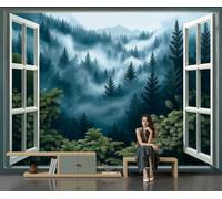 Papel Pintado Niebla Bosque 200x140cm Papel Tapiz Grande Murales Vista Tranquila Del Bosque Desde La Ventana Verde Oscuro Decoración De Paredes Para Dormitorio De Estar Sala Sofá Mural