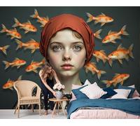 Papel Pintado Niña Con Diadema De Pez Dorado Fotomurales Retratos Surrealistas Pegatinas de Hogar Verde Oscuro Arte de Pared Decorativos Pared para Dormitorio Salón Pasillo Fondo de TV, 400x280cm