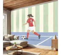 Papel Pintado Niña Jugando Al Fútbol 250x175cm Fotomurales Seda Tema Deportivo De Dibujos Animados, Realismo Papel Tapiz Grande Murales Fotográfico Moderno Decoración De Paredes, Verde Claro