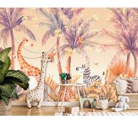Papel Pintado Niños Habitación Naranja Mural Pared 312x219cm Animales Safari