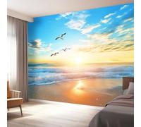 Papel pintado no tejido 200 x 140 cm, Patrón De Pájaro Al Amanecer En La Playa Póster fotográfico de arte de pared para cocina, dormitorio, sala de estar, habitación infantil, decoración de pared Azul