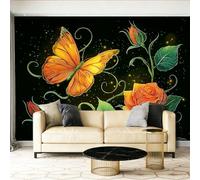 Papel Pintado no tejido 250 x 175 cm - Dibujos Animados Mariposa Vid Flor 3D Efecto Murales Decoración, Negro Estampados Papel Pintado Mural para Salón Dormitorio Oficinas habitaciones Decoración