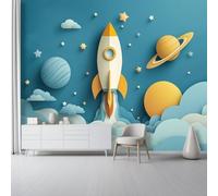Papel Pintado no tejido 300 x 210 cm - Dibujos Animados 3D Cohete Espacial Nube 3D Efecto Murales Decoración, Azul Estampados Papel Pintado Mural para Salón Dormitorio Oficinas habitaciones Decoración