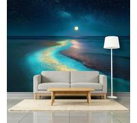 Papel pintado no tejido, 500 x 280 cm, playa estrella, luna llena de pared, panorámica, fotografía de la naturaleza, fácil de limpiar, papel pintado panorámico, para sala de estar, pasillo, oficina