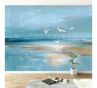 Papel pintado no tejido abstracto océano animales pájaros, Mural decorativo de diseño shabby chic 350An x 256Al cm para dormitorio y oficina - Papel pintado panorámico fácil de instalar