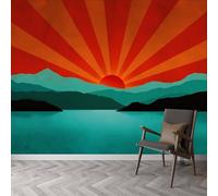Papel pintado no tejido Abstracto Océano Sol Montañas, mural de diseño Carteles vintage complejos para dormitorio y oficina - Papel pintado panorámico fácil de colocar - pared extraíble, 200 x 140 cm