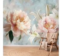 Papel pintado no tejido Acuarela Botánica Azul Peonías Lirios Estamines Mural XXL Póster de pared Tapiz Panorámico Fotografía Papel pintado para dormitorio salón infantil, 350 x 256 cm