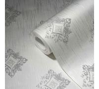 Papel pintado no tejido aspecto yeso, ornamentos estuco rombos - Gris, Blanco