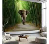 Papel pintado no tejido Bosque Bambú Camino Animales Elefantes, mural de diseño paisaje natural para dormitorio y oficina, papel pintado panorámico fácil de colocar - pared extraíble, 500 x 280 cm
