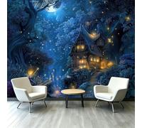 Papel pintado no tejido Bosque Fantástico 300 x 210 cm, papel pintado cabaña árbol luciérnagas luna estrellas foto panorámica, decoración de pared fácil de colocar para sala de estar dormitorio cocina