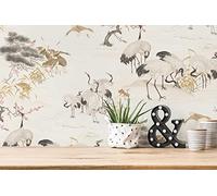 Papel pintado no tejido con animales, cigüeñas y árboles, color beige, crema y amarillo, fabricado en Alemania, 10,05 x 0,53 m