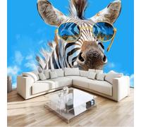 Papel pintado no tejido con animales de dibujos animados en azul, fotomural con gafas de sol y cebra para habitación infantil, salón, fondo de TV - decoración de pared moderna, pegatinas de 300 cm x 2