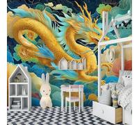 Papel pintado no tejido con animales de dibujos animados en dorado, fotomural de un dragón dorado y nubes auspiciosas para habitaciones infantiles, salones y fondos de TV: decoración de pared moderna,