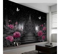 Papel pintado no tejido con efecto 3D, diseño moderno de castillo oscuro, palacio, rosa y mariposa, fácil de aplicar, papel pintado para salón, habitación infantil, papel pintado de pared de 350 x 256