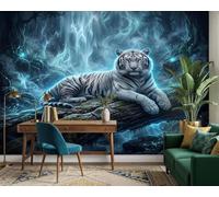 Papel pintado no tejido con estampado de tigre en la jungla, ideal para sala de estar, dormitorio o habitación infantil. Decoración de pared con motivos de tigres, 400 cm x 280 cm. Adhesivo de pared -