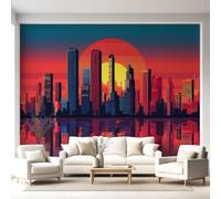 Papel pintado No tejido Edificios Skyline de la ciudad Rascacielos Arquitectura Paisaje urbano Moderno Silueta Panorámica Mural de pared, Papel pintado panorámico para sala de estar dormitorio