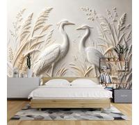 Papel Pintado No Tejido Estilo Chino con Grullas 240X160 Pulgadas Garzas Juncos Naturaleza Estilo De Pintura Tradicional Mural De Pared En Relieve 3D Papel De Contacto Botánico con Pájaros para Do