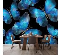 Papel pintado no tejido, estilo fantasía/romántico, azul con flores y mariposas, para habitaciones infantiles, salones y fondos de TV - decoración de pared moderna, pegatinas de 200 cm x 140 cm - cuad