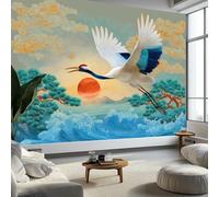 Papel pintado no tejido estilo japonés amanecer grúas pino, 200 x 140 cm, papel pintado, multicolor fotográfico, decoración de pared fácil de colocar para sala de estar dormitorio cocina