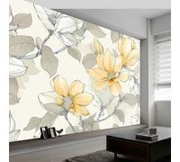 Papel pintado no tejido flores rayas plantas magnolias, mural de diseño de estilo dibujado a mano para dormitorio oficina - Papel pintado panorámico fácil de colocar - Decoración de pared 250 x 175 cm
