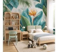 Papel pintado no tejido-flores tropicales y plantas verdes,Papel pintado Oiseau paradis à feuilles palmier para diferentes habitaciones Decorativo para Salón Dormitorio,184x127cm,No Autoadhesivo