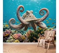 Papel pintado no tejido Naturaleza Mar Verde frente al mar Animales Pulpo Coral Mural Póster de pared Tapiz Panorámico Foto Papel pintado para dormitorio salón infantil 200 x 140 cm