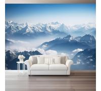Papel pintado no tejido Paisaje Himalaya, blanco azul papel pintado panorámico Fotografía bandeja decoración pared póster cuadros tapiz decorativo para sala de estar, dormitorio, 300 x 210 cm