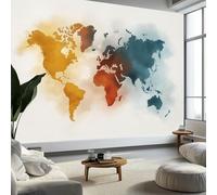 Papel pintado no tejido retro mapa del mundo fácil de colocar, mural estilo acuarela personalizado para salón, dormitorio de los niños, restaurante, papel pintado decorativo, 300 x 210 cm (L x H)