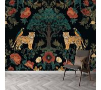Papel pintado no tejido tradicional flores árboles animales tigres 400 x 280 cm (L x H), papel pintado panorámico estilo vintage - Mural fotográfico mural póster para sala de estar, dormitorio de los