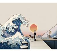 Papel Pintado Ondas Ukiyo-E Sencillas Salón Dormitorio Fotomurales Pared Paisaje Japonés Decorativos 3D Murales Fotográfico Papel Tapiz Moderno Beige Decoración De Paredes, 250X175Cm
