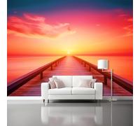 Papel Pintado Paisaje Costerorojo Anaranjado Muelle Mar 3D Panorámico No Tejido - Fotomurales Decorativos Para Salón Dormitorio Y Oficina - Diseño Moderno Pared Del Hogar