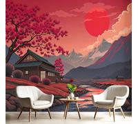 Papel Pintado Paisaje De Atardecer Japonés - Papel Pintado Panorámico 200X140Cm, Escarlata Montañas Arquitectura Foto Mural Decoración Del Hogar Para Sala Dormitorio Comedor Oficina De Paredes