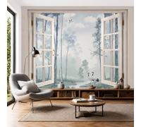 Papel Pintado Paisaje De Bosque Oriental Niebla Grullas Ríos 200X140Cm (Wxh) Fotomurales Tejido No Tejido, Cian Claro Papel Tapiz 3D Grande Murales Fotográfico Moderno Decoración De Paredes