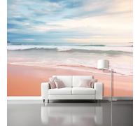 Papel Pintado Paisaje De Playarosa Playa Olas 3D Panorámico No Tejido - Fotomurales Decorativos Para Salón Dormitorio Y Oficina - Diseño Moderno Pared Del Hogar