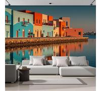 Papel Pintado Paisaje Mediterráneo Pared 3D Papel Tapiz - Arquitectura Colorida Murales Tapiz Fotomural para Sala Cuarto Oficina Salón Tv Fondo Pared Dormitorio Decoración, Azul Naranja Del Lago
