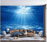 Papel pintado Paisaje oceánico Rayo brillante sobre la superficie del mar, mural de Seda para salón dormitorio o comedor, 350x256cm, impresión mate, acabado premium, acento hogar elegante, Azul oscuro