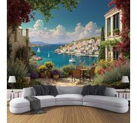 Papel Pintado Paisaje Urbano Costero Pared 3D Papel Tapiz - Islas Griegas Murales Tapiz Fotomural para Sala Cuarto Oficina Salón Tv Fondo Pared Dormitorio Decoración 400x280cm, Azul Cielo