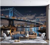 Papel pintado Paisaje urbano Puente sobre el río de la ciudad, mural de Seda para salón dormitorio o comedor, 300x210cm, impresión mate, acabado premium, acento hogar elegante, Azul-Negro