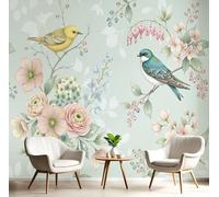 Papel Pintado Pajarito Posado Rama Florida Ilustración Pájaro Floral 250 × 175 Cm Fotomurales Pared Seda Decorativos Murales Fotográfico De Paredes Salón Dormitorio Habitación De Los Niños Verde Claro