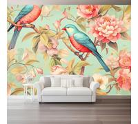 Papel pintado Pájaro Floral, 300 x 210 cm Estilo Retro De Acuarela Papel tapiz fotográfico personalizado no tejido para sala de estar y habitación infantil, Rosa Azul