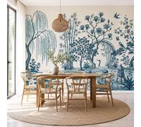 Papel Pintado Panorámico, 200x140cm Fotomurales Jardines Clásicos Orientales Papel Pintado Fotográfico Sauces Llorones Estanque Lotos Decoración de Pared para Salón Dormitorio y Comedor, Azul Grisáceo