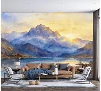 Papel Pintado Panorámico, 250x175cm Fotomurales Pintura Paisaje Retro Papel Pintado Fotográfico Puesta Sol Orilla Lago Montaña. Póster Grande Decoración de Pared para Salón Dormitorio y Comedor, Beige