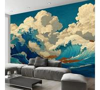 Papel Pintado Panorámico 250X175Cm Olas Oceánicas Japonesas Ukiyo-E De Seda Papel Pintado Decoración De Pared Turquesa Ilustración De Paisaje Dormitorio Sala Tv Fondo Decorativos Murales
