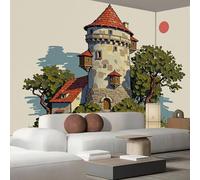 Papel Pintado Panorámico 250X175Cm Torre Retro 3D Bosque De Seda Papel Pintado Decoración De Pared Fotográfico Color Crema Ilustración De Casa De Campo Dormitorio Sala Tv Fondo Decorativos Murales