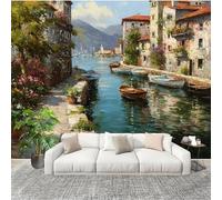 Papel Pintado Panorámico 300x210 cm Ciudad Costera De Estilo Europeo Personalizable Fotomurales No Tejido Póster Pared Decoración Verde Claro 3D Duradero y Resistente a las manchas Fotomurales
