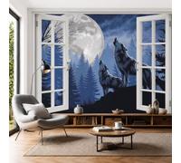 Papel Pintado Panorámico, 300x210cm Fotomurales Bosque Oscuro Misterioso Papel Pintado Fotográfico Aullido Del Lobo Solitario Decoración de Pared para Salón Dormitorio y Comedor, Azul Marino